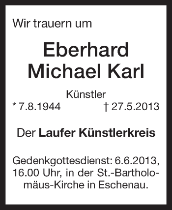 Traueranzeige von Eberhard Michael Karl von Pegnitz-Zeitung